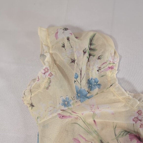 La Vie En Rose Sheer Yellow Floral Short Sleeve Poof Shirt Top M Medium Mesh - Picture 6 of 10